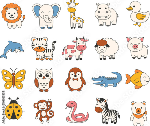 Cute Cartoon Animal Character Vector Element Set, Flat Kawaii Wild Safari and Domestic Zoo Animal Collection