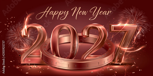 New Year 2027 celebration with golden glitter numbers. Festive countdown to midnight with shiny metallic digits and sparkles for party decor.