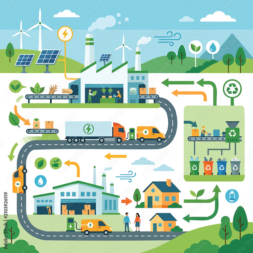 Fototapeta premium Integrated Circular Economy Diagram Featuring Green Industrial Processes, Renewable Energy, and Sustainable Resource Management for a Healthier Planet