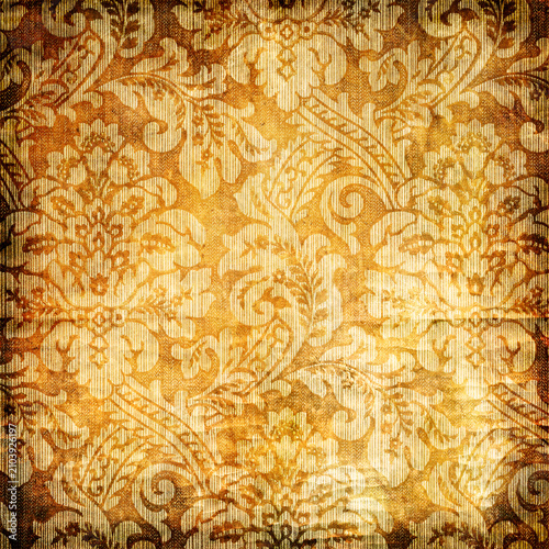 Quadro su tela Vintage ornate golden damask wallpaper background with vertical distressing and