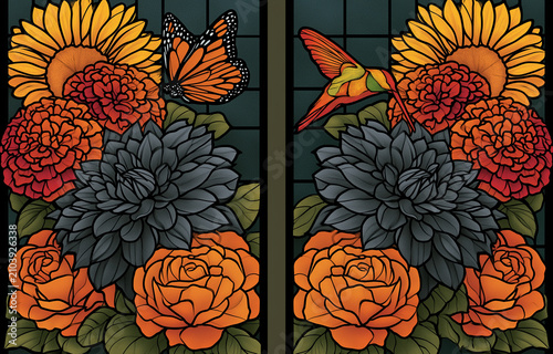 Hand-painted floral decorative panel with vibrant sunflowers and roses. Artistic botanical wall art featuring rich textures and warm autumn colors.