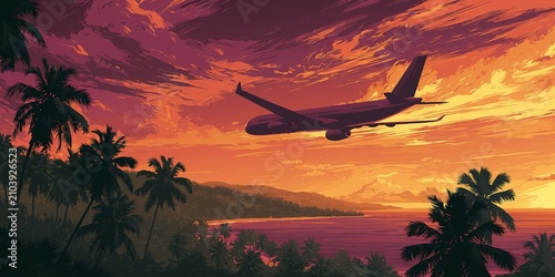 Commercial airplane flying over tropical island beach with palm trees during sunset sky.