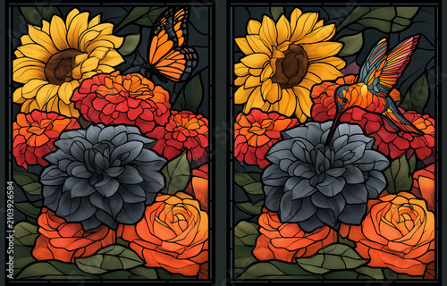 Vibrant stained glass floral art with sunflowers and roses. Handcrafted decorative window panel featuring colorful botanical motifs and artistic gl...