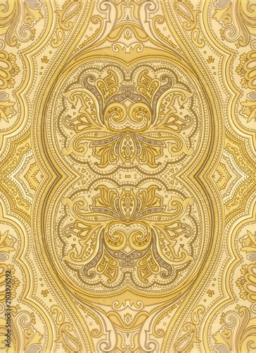 Obraz na plátně Elegant golden yellow floral damask fabric texture with intricate symmetric pais