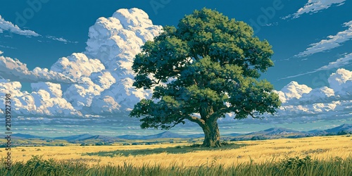 Majestic old tree standing in vast golden wheat field under beautiful blue summer sky view.