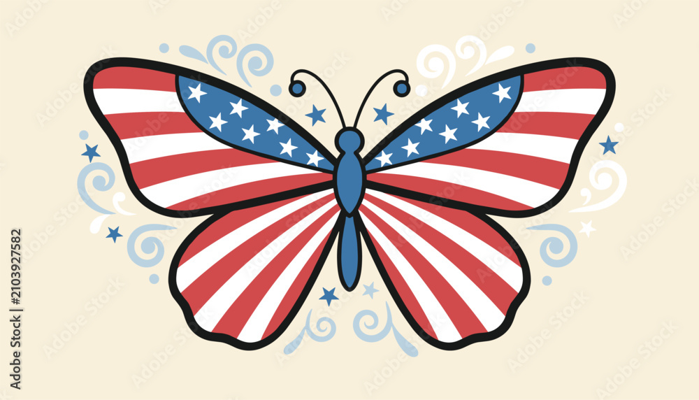 Fototapeta premium Beautiful butterfly featuring the patriotic stars and stripes pattern of the American flag on a soft cream background.