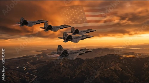 Military Fighter Jets Flying in Formation at Sunset with USA Flag Overlay