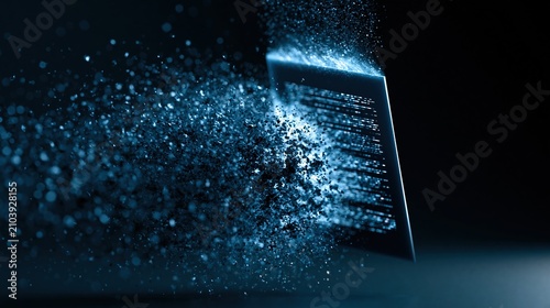 Abstract digital document dissolving into fragmented blue particles representing data loss.