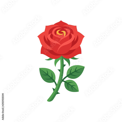 Shaded red rose flower with green leaves.