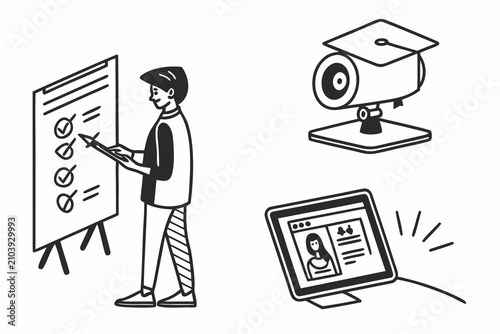 Businessman teaching security camera use on digital tablet
