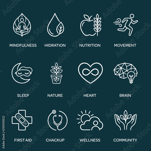 Minimal Wellness and Healthcare Line Icons Collection with Mindfulness Nutrition Heart Hydration Sleep Medical Checkup and Healthy Lifestyle Outline Symbols