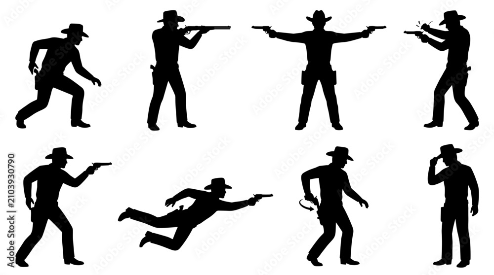 Fototapeta premium Collection of cowboy silhouettes in action poses, shooting and drawing firearms, western frontier, outlaw, vintage American West