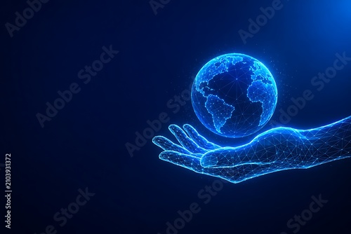 Digital human hand holding glowing earth globe network concept with technology connection internet communication business innovation abstract particle hologram connectivity information