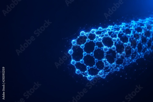 Carbon nanotube molecular structure glowing digital visualization with nanotube nanotechnology structure molecule chemistry particle scientific research technology material engineering