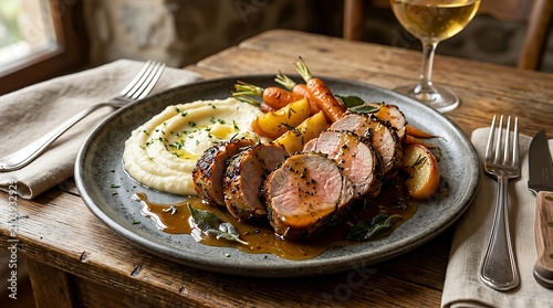 Herb roasted pork tenderloin with mashed potatoes and carrots