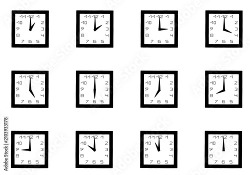 A set of clocks with a square dial show the time from 1(13) o'clock to 12(24) o'clock.