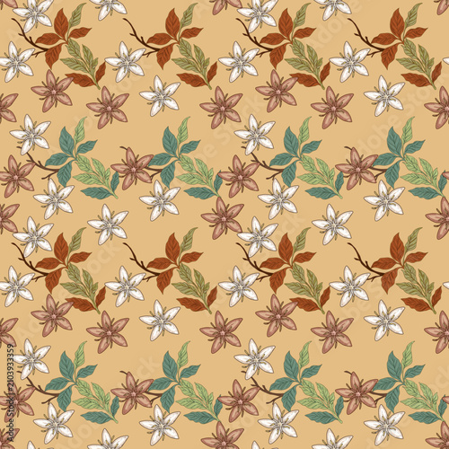 Seamless coffee blossom flower and leaf pattern on mustard yellow background