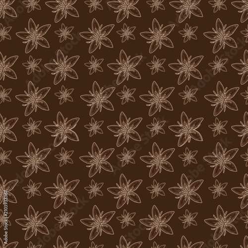 Seamless star anise spice pattern in monochrome brown