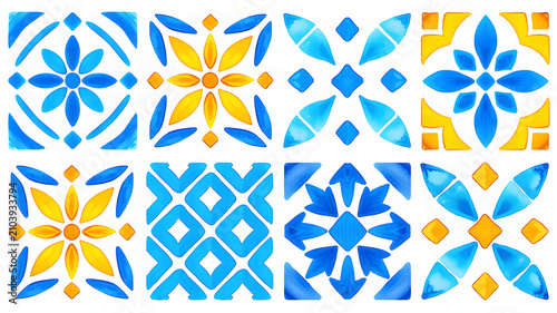 Eight blue and yellow watercolor tile patterns on white background