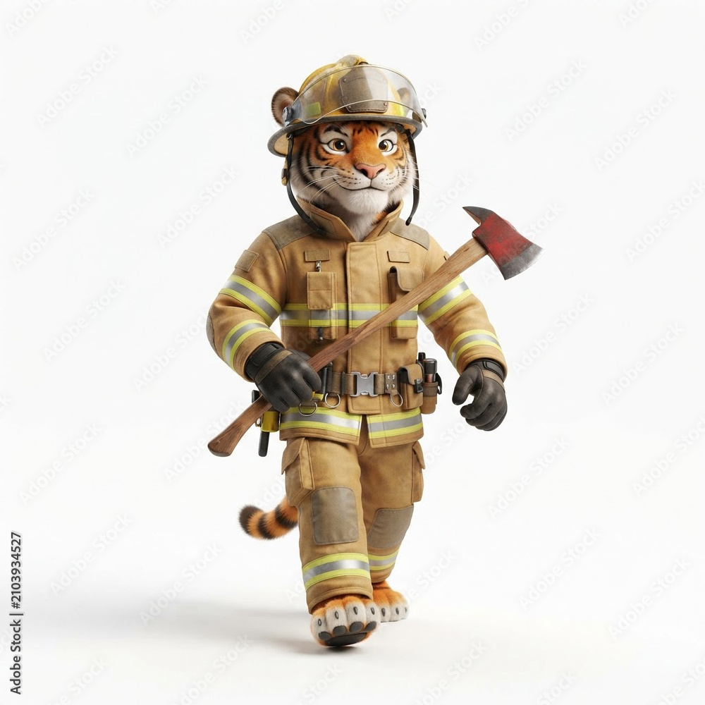 Fototapeta premium Cute 3D Tiger Firefighter Holding Fire Axe Walking on White Background