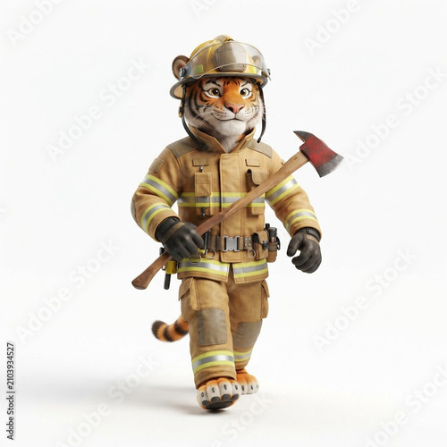 Cute 3D Tiger Firefighter Holding Fire Axe Walking on White Background