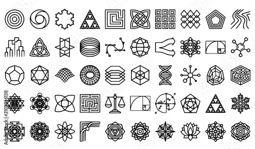Fotografi Abstract Geometric Symbols Line Icon Set
