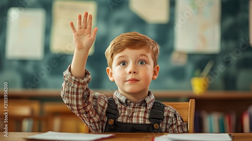 A young boy with red hair and a plaid shirt raises his hand in a classroom setting,