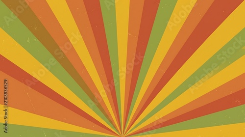 Vintage 1970s style sunburst graphic background with mustard yellow and burnt orange stripes