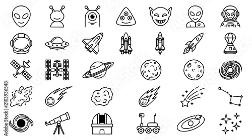 Foto Outer Space and Alien Sci Fi Icon Set with Extra Terrestrial Creatures, Rockets,