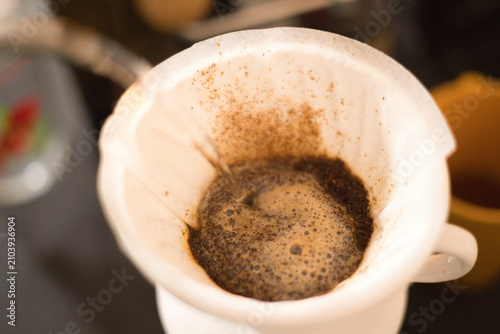 Close-up of V60 drip coffee brewing method with pour over