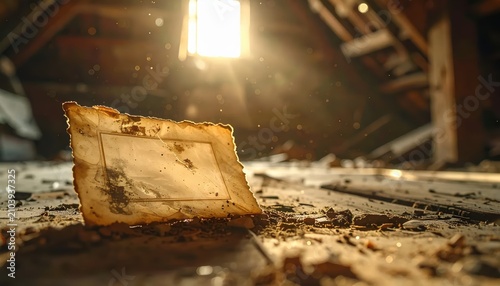 Old weathered vintage paper on a dusty attic floor with warm golden sunlight and ample copy space for nostalgic memories and historical concepts.