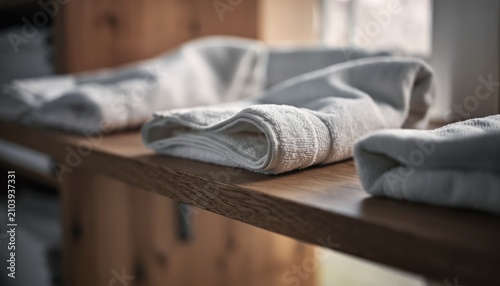 Folded Cozy Grey Sweatshirt on Wooden Shelf.