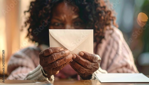 Woman holding an envelope, receiving mail, thoughtful expression.