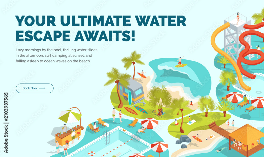 Naklejka premium Cartoon Color Your Ultimate Water Escape Awaits Concept Banner 3d Isometric View. Vector illustration of Swimming Pool Fun