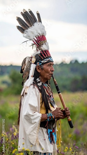 Native American Elder in Traditional Feathered Headdress Playing Wooden Flute in a Summer Meadow with Copy Space