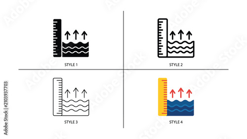 Fotografie Four different styles of water level rise measurement graphics with rulers and a