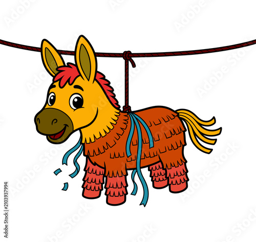 Canvastavla Cute Cartoon Donkey Pinata Hanging on Rope Vector Illustration for Kids Birthday