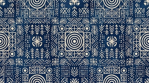 Indigo blue african mudcloth pattern with tribal geometric motifs