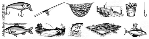 фотографія Fishing equipment and outdoor recreation icons set featuring rod net lure and pi