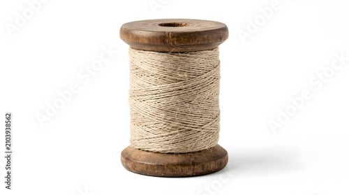 Vintage Wooden Spool with Beige Thread Isolated on White