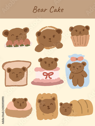 Cute Bear Bakery Dessert Vector Set Hand Drawn Teddy Bear Character Collection with Roll Cake, Donut, Bread and Sweet Pastries 