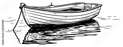 Photos Wooden rowboat floating on calm water in vintage engraving style