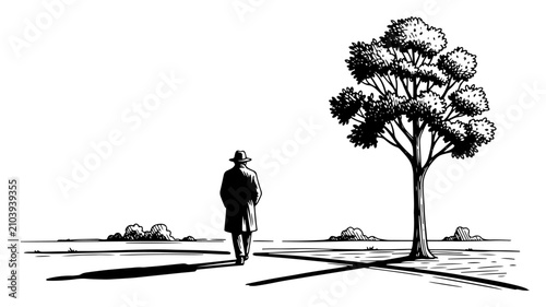 Foto Man in hat walking towards lone tree in minimalist landscape silhouette style