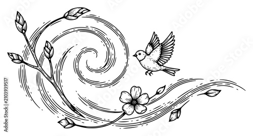 Cuadro en lienzo Small bird flying near blooming flower branch with wind swirls in decorative eng