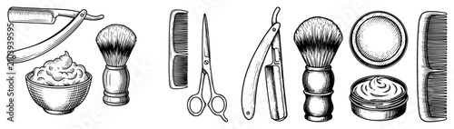 Tableau sur toile Barbershop grooming tools collection with straight razors and brushes in vintage