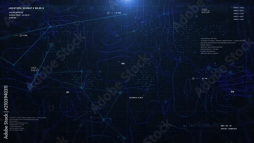 Digital stylized world map with glowing plexus communication network. Technology futuristic cyberspace with hud system.