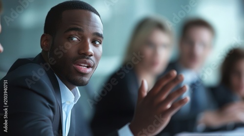 A young African American man in a suit is speaking animatedly,