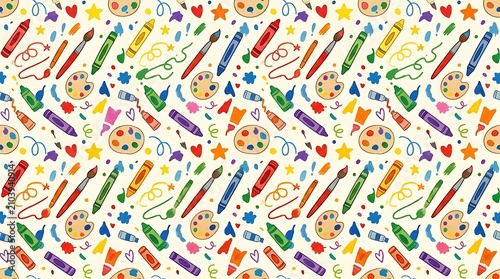 Colorful hand drawn art supplies seamless pattern with school tools