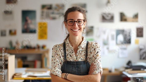 A smiling woman stands in an office or creative workspace,