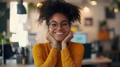 A cheerful young woman with an afro hairstyle and glasses is smiling broadly,